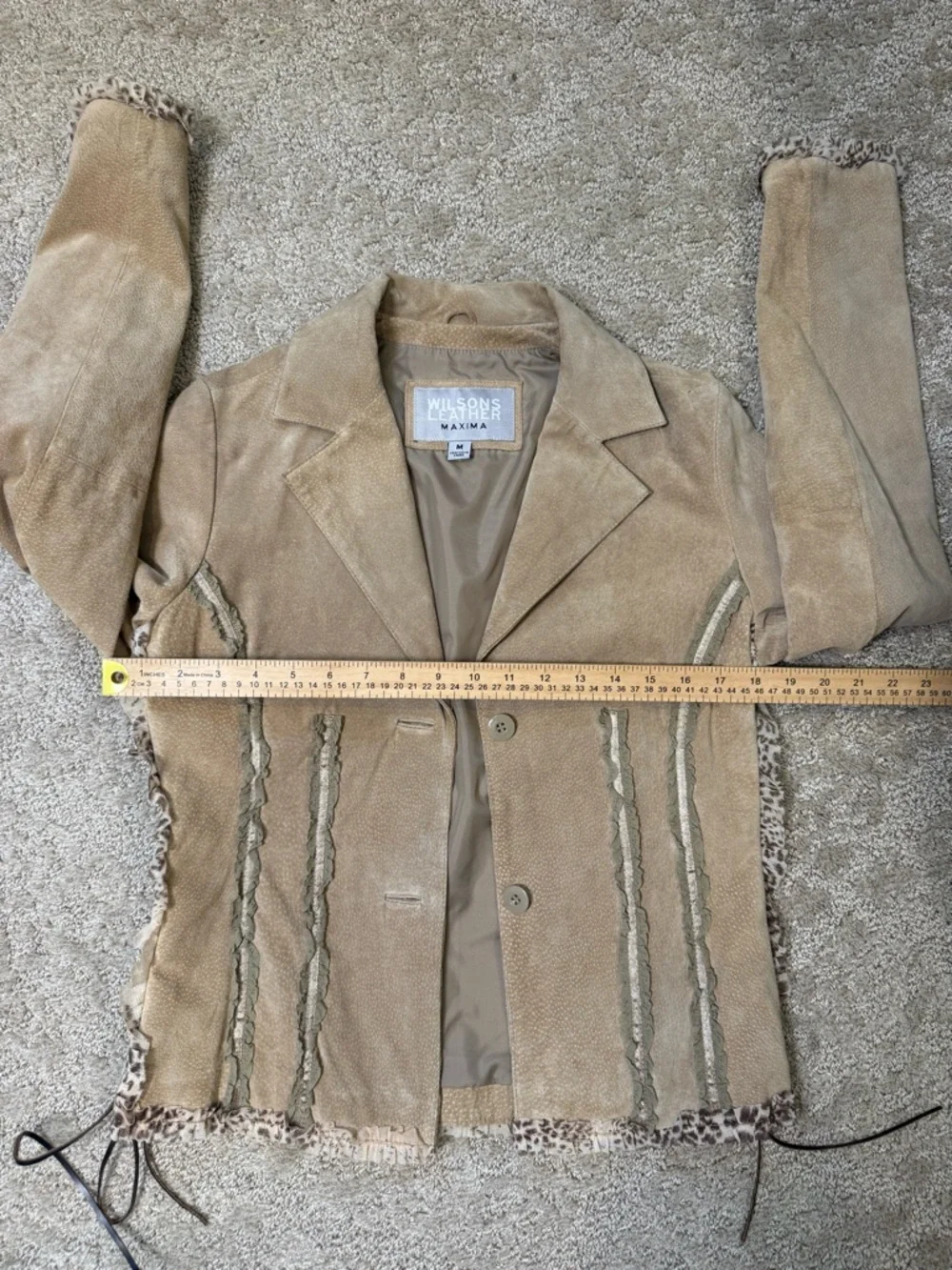 Wilsons Leather Women's Tan Suede Jacket with Leopard Trim Accents - Picture 7 of 9